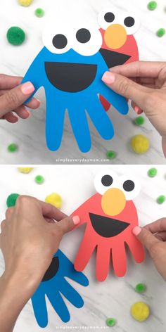 someone is cutting out some paper cut outs to make an elm and cookie monster puppets