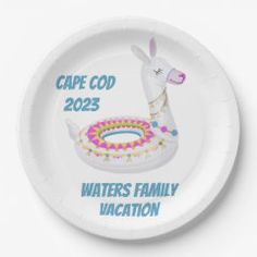 a paper plate with an image of a llama on it and the words cape cop 205 water's family vacation