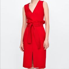 A Beautiful Red Dress With Beautiful Details Smoke Free Pet Free Home Xs Red Summer Midi Dress For Work, Red Midi Dress For Summer Workwear, Chic Red Midi Dress For Work, Red Midi Workwear Dress, Red Midi Dress For Work, Chic Red Midi Dress, Red Sheath Dress For Spring, Chic Red Knee-length Midi Dress, Chic Red Zara Midi Dress