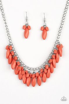 Varying in size and shape, imperfect Living Coral beads cascade from the bottom of a shimmery silver chain, creating a vivacious fringe below the collar. Features an adjustable clasp closure. Bedazzled Jewelry, Bling Party, Happy Jewelry, Orange Necklace, Living Coral, Brown Bracelet, Coral Necklace, Paparazzi Accessories, Teardrop Beads