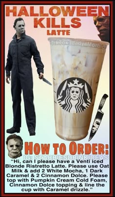 a poster with an image of a man holding a knife next to a starbucks drink