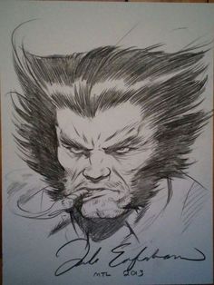 a drawing of the wolverine character, with his hair blowing in the wind and one eye open