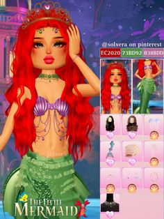 the little mermaid doll has red hair and is wearing a tiara with jewels on it's head