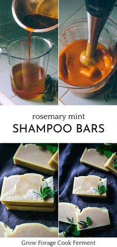 Learn how to make these homemade rosemary mint shampoo bars - they smell amazing, and are a wonderful herbal beauty care product! Diy Shampoo Recipe, Diy Shampoo Bar, Homemade Shampoo Bar, Rosemary Mint Shampoo, Shampoo Bar Recipe, Savon Diy, Mint Shampoo, Shampoo Recipe, Cold Process Soap Recipes