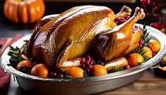 a large turkey sitting on top of a platter filled with oranges and cranberries