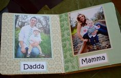 an open book with two pictures of people and the words dada, mama on it