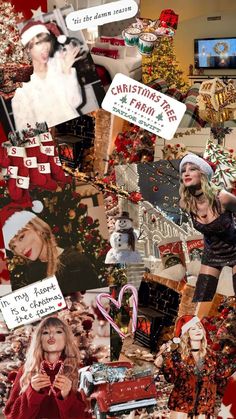 collage of christmas photos with santa hats and signs in the middle, including two women dressed as santa claus