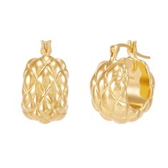 These sophisticated quilted hoop earrings are expertly crafted with alluring detail in 14K yellow gold. The pattern adds texture and dimension to this pair, catching the light and giving off an eye-catching shimmer. | Quilted Hoop Earrings | 14K Yellow Gold | Size 15 mm | Helzberg Diamonds Luxury Tarnish Resistant Hoop Earrings For Formal Occasions, Luxury Tarnish Resistant Hoop Earrings For Formal Events, Elegant Textured Yellow Gold Jewelry, Luxury Gold Diamond Cut Huggie Earrings, Elegant Textured Formal Earrings, Luxury Diamond-cut Huggie Hoop Earrings, Elegant Gold Huggie Earrings With Diamond Cut, Elegant Gold Diamond Cut Huggie Earrings, Luxury Diamond Cut Hoop Earrings For Everyday