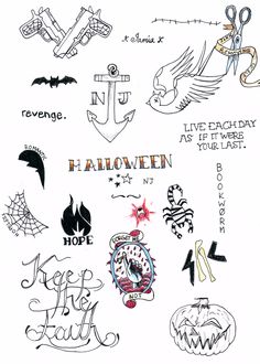 an image of halloween stickers on the back of a white paper sheet with words and symbols