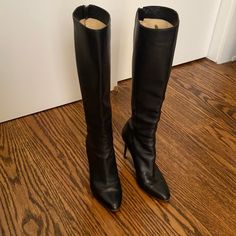 Beautiful, Classic Almond Toe, Supple Leather Boots In Great Condition, Very Gently Worn (See Soles). Very Comfortable With 3.5” Heel. Hugs The Calves Really Well With No Sagging, About 13” Circumference, And Look Very Luxurious On. Hidden Back Zipper With Logo On Zippers. Black Leather Knee High Boots, Leather Knee High Boots, Thrift Finds, Jimmy Choo Shoes, Ladies Shoes, Shoes Heels Boots, Knee High Boots, High Boots, Jimmy Choo