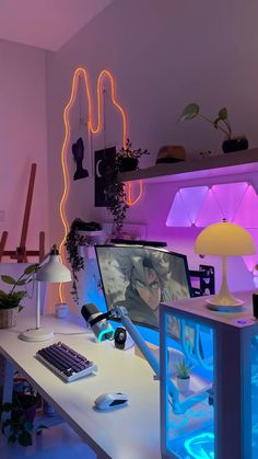 Neon Gamer Room Aesthetic, Gamergirl Setup, Pc Gaming Setup Aesthetic Purple, Pc Desk, Pc Setup, Gaming Setup, Room Makeover Inspiration, Future Life, Hot Outfits