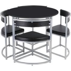 a black table with four chairs and a round dining table on the bottom is set against a white background