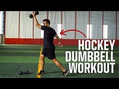 a man holding two dumbbells while standing on top of a green field with the words hockey dumbbell workout