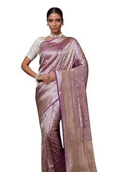 Purple banarasi silk saree with woven clustered floral vine patterns, striped pallu and border. Comes with running blouse fabric. - Aza Fashions Saree Gowns, Dhoti Saree, Cotton Sarees Handloom, Sarees Banarasi, Purple Saree, Ruffle Saree, Banarasi Silk Saree, Lehenga Saree, Floral Vine