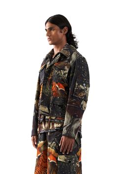 Fabric - HandloomPrint / Emblishment - Digital PrintFull-sleeve hunter bush handloom jacket with cargo pockets capturing an intense battle between a Tiger and an Elephant.Jackets (Inches) XS S M L XL XXL Chest 38 40 42 44 46 48 Shoulder 17.5 18.5 19.5 20.5 21 21.5 Length 22.5 23 24 24.5 26 26 Fall Shacket For Streetwear With Multiple Pockets, Fall Streetwear Shacket With Multiple Pockets, Fall Shacket With Multiple Pockets For Streetwear, Camouflage Cotton Outerwear With Flap Pockets, Long Sleeve Hunting Outerwear With Flap Pockets, Fall Hunting Utility Jacket With Flap Pockets, Fall Utility Jacket With Flap Pockets For Hunting, Long Sleeve Outerwear With Flap Pockets For Hunting, Military Style Utility Jacket For Hunting In Fall