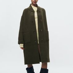 Coat With Lapel Collar And Turned-Up Long Sleeves. Front Patch Pockets. Front Button Closure. Outer Shell 59% Acrylic 32% Polyamide 7% Wool 2% Elastane 18 Khaki | 5755/153 Knit Coat, Zara Knit, Knitted Coat, Zara Jackets, Lapel Collar, Patch Pocket, Jackets & Coats, Jackets For Women, Zara