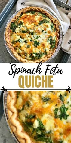 spinach and feta quiche with text overlay