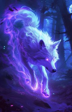 a white wolf with purple eyes running through the woods