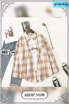 Literary Retro Plaid Shirt Women's Jacket Spring Collared Flannel Shirt With Pockets, Collared Flannel Shirt With Pockets For Spring, Brown Long Sleeve Flannel Shirt For Spring, Casual White Flannel Shirt For Fall, Plaid Shirt Women, Outerwear Women, Plaid Shirt, Women's Jacket, Womens Shirts