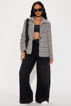 Available In Grey/combo. Blazer Hooded Lapel Collar Long Sleeve Twill Plaid Button Closure Fully Lined Disclaimer: Plaid Placement Will Vary. Shell: 64% Polyester 34% Rayon 2% Spandex Contrast: 65% Polyester 35% Cotton Lining: 100% Polyester Imported | Street Smart Hooded Plaid Blazer in Grey size Small by Fashion Nova Fall Streetwear Blazer With Button Closure, Trendy Plaid Winter Blazer, Street Smart, Women Street, Plaid Blazer, Jeans Jumpsuit, Matching Dresses, Active Wear For Women, Blazer Jacket