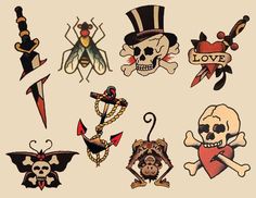 a collection of pirate tattoos on a white background