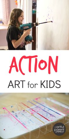 Action Art for Kids Splatter Painting For Kids, Drill Painting, Messy Painting, Art Splatter, Action Art, Messy Art, Spin Art, Cool Art Projects, Action Painting