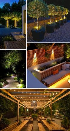 several different types of outdoor lighting are shown in this collage, including benches and trees