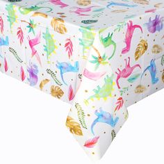 an image of a table cloth with colorful animals on it and gold dots around the edges