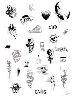 various tattoos are shown on the back of a white sheet with black lettering and symbols