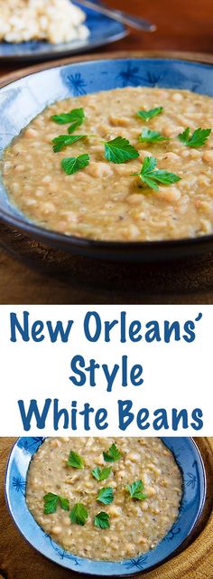 new orleans style white beans with parsley in a blue bowl on a wooden table