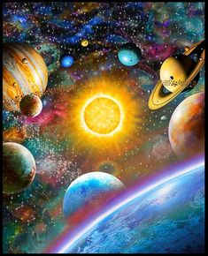 the solar system with planets and sun in space, all surrounded by bright colors on a black background