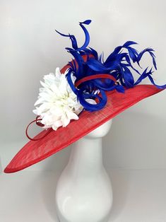 Red White and Blue Kentucky Derby Hat, Tea Party Hat & Church Hat! Make your statement with this stunning, high quality piece! *100% Brand new, hand made and high quality. *Head circumference: 22.5" and adjustable *Beautiful detail **Elegant fashion hats are perfect for horse racing events, church, the Kentucky derby, weddings, garden tea parties and charity events. ** Available to ship next business day. Don't forget matching gloves to complete the look! You can find them here! https://www.etsy.com/shop/QueenSugarBee?ref=seller-platform-mcnav&section_id=17799374 Ordering 4 or more pieces? Message me about group discounts! Like our Facebook page for future sales and new designs! Please join us here: https://www.facebook.com/QueenSugarBee Hear what others are saying about our shop: Jennifer Handmade Red Party Hat, Elegant Red Mini Hat With Flat Brim, Red Hats For Spring Events, Red Hat For Royal Ascot Event, Red Flat Brim Boater Hat For Kentucky Derby, Spring Celebration Hats With Adjustable Fit, Elegant Hats For Spring Celebration, Elegant Red Mini Hat With High Crown, Adjustable Hats For Spring Celebrations