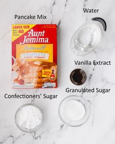 ingredients to make peanut butter ice cream on a marble counter top with text overlay