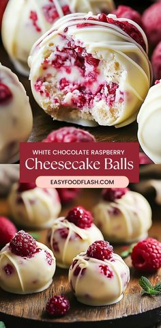 white chocolate raspberry cheesecake balls on a cutting board