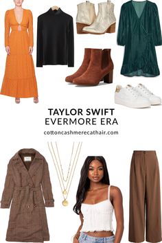 a collage of different outfits and shoes for women with text that reads taylor swift, evermore era