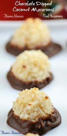 chocolate dipped coconut macaroons on a white plate