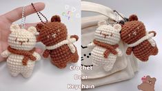 crochet bear keychain is shown in two different pictures, one with a teddy bear hanging from it's back