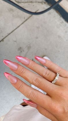 Glazed Pink French Nails, French Nails Glazed Donut, Pink French Pearl Nails, Pink Glazed Donut Nails French Tip, Pink Nails Metallic, Colored Glazed Nails, French Donut Glaze Nails, Hot Pink French Tip Nails Almond Long, Simple Bday Nails Almond