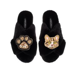 Introducing our Classic Laines Slippers with a charming twist - a pair of elegant cat brooches! These comfortable and stylish slippers are designed in house in the United Kingdom and brought to life by our skilled artisan craftspeople.   The soft and luxurious material will keep your feet cozy and warm, while the adorable and removable cat mum/mom and Misty cat brooches add a playful touch to your loungewear.  Perfect for cat lovers, these slippers are the purrfect blend of comfort and charm. Treat yourself or a loved one to these delightful Classic Laines Slippers with Cat Mum/Mom & Misty Cat Brooches. Wipe Clean Only Elegant Cat, Animal Print Party, Stocking Fillers For Him, Stocking Fillers For Her, Womenswear Fashion, Forever Jewelry, Cat Paw, Cat Brooch, Cat Paws