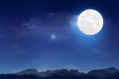 the full moon shines brightly in the night sky above some mountains and hills with snow on them