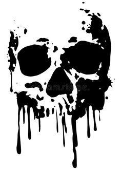 a black and white drawing of a skull with dripping paint on it's face