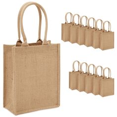 six bags with handles are shown next to each other