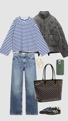 a woman wearing blue jeans and a striped shirt, with her handbag in front of her