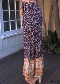 Boho Pants - Palazzo Pants in Leg Pants, Jasmine in Navy Blue For Women Fabric: Cotton Rayon Blend Garment Care: To keep your clothes in good condition, please hand wash or wash them in the washing machine with a delicate cycle in cold water. Using a laundry mesh bag can prevent tangling and tearing. Size: Our size differs from AU, EU, and US sizes. Please compare the detail sizes with yours before ordering. Please allow 1-2 cm differs due to manual measurement. Pant cm Size Waist Hip Length S 6 Blue Straight Leg Harem Pants For Summer, Bohemian Blue Straight Leg Pants, Blue Floral Print Straight Leg Bottoms, Blue Non-stretch Vacation Pants, Blue Floral Print Pants For Vacation, Bohemian Blue Wide Leg Pants With Pockets, Blue Floral Print Long Pants, Blue Bohemian Wide-leg Pants, Bohemian Blue Wide-leg Pants