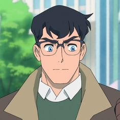 an anime character with glasses and a coat