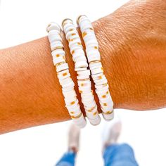 White & Gold Dalmatian Heishi Bracelet | Bella Lucca Boutique Bracelet White Gold, Heishi Bracelet, Baby Co, Walk This Way, Heishi Beads, Dalmatian, Brand You, Baby Accessories, Mens Jewelry