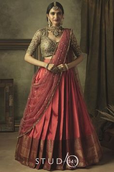 South Indian Lehenga Half Saree, Half Saree For Engagement, Saree With Skirt, South Indian Half Saree, Silk Saree Lehenga, Traditional Half Saree Designs