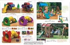 an advertisement for a children's play area with various slides and playsets in it