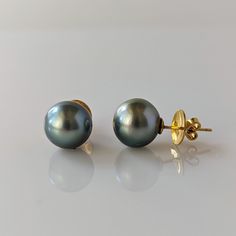 13-14mm Tahitian Pearl Stud Earrings - Marina Korneev Fine Pearls Stud Design, Tahitian Pearls, Green And Pink, Pearl Stud Earrings, Pearl Size, Pearl Studs, Heavy Weight, Light Green, Jewelry Collection