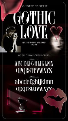 an advertisement for gothic love, with the words gothic love written in bold black and red